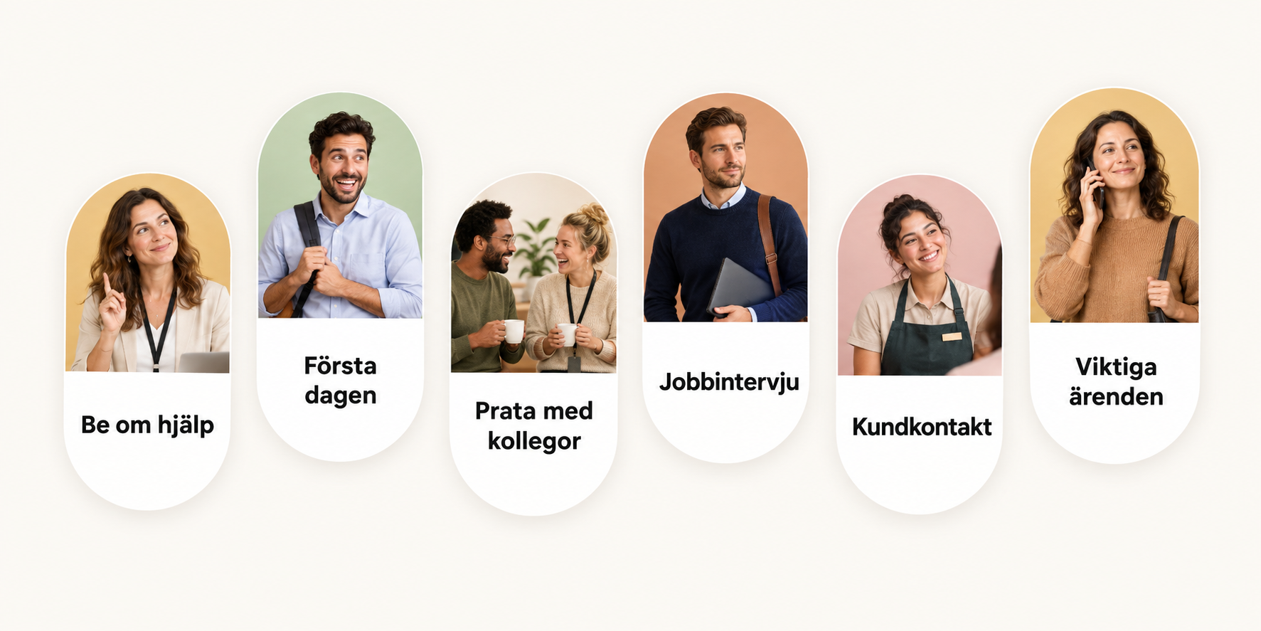 Six conversations to practise: ask for help, first day, talking with colleagues, job interview, customer contact and important errands.